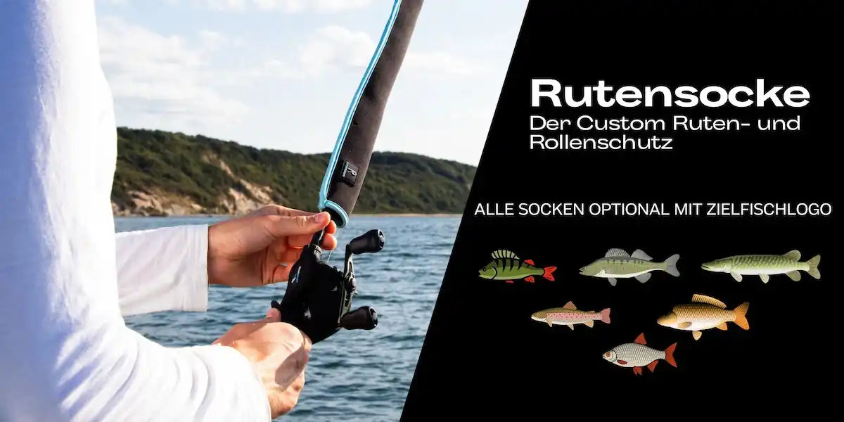 Ein individuell gestalteter Angelruten- und Rollenprotektor mit optionalen Fischlogos.