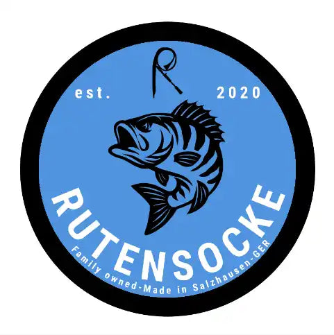 Blaues rundes Fischerei-Logo mit schwarzem Rand.