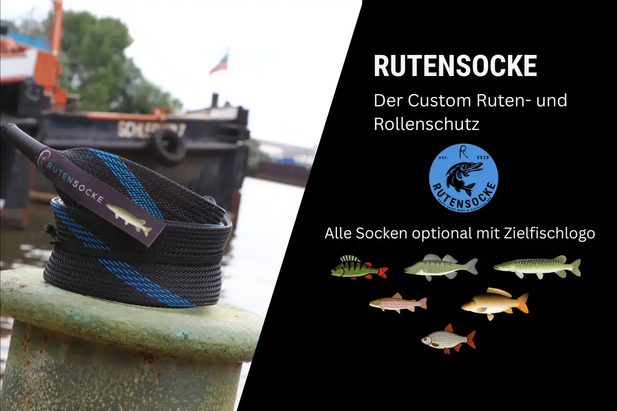 Rutensocke Angelruten-Socke, schwarz-blau gestreiftes Design mit maßgeschneidertem Rollenschutz.