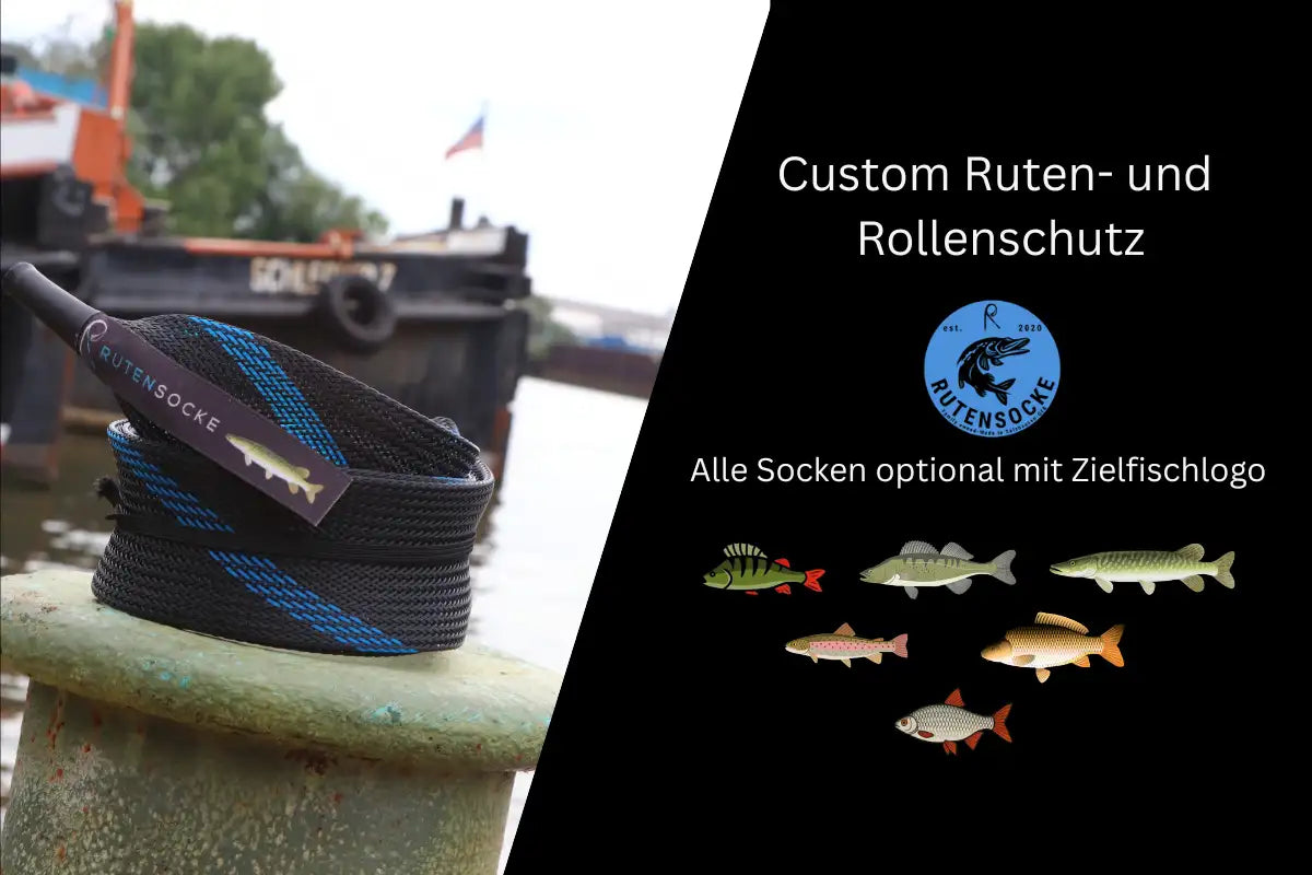 Schwarze und blaue Angelrutenhülle mit texturiertem Griffdesign.