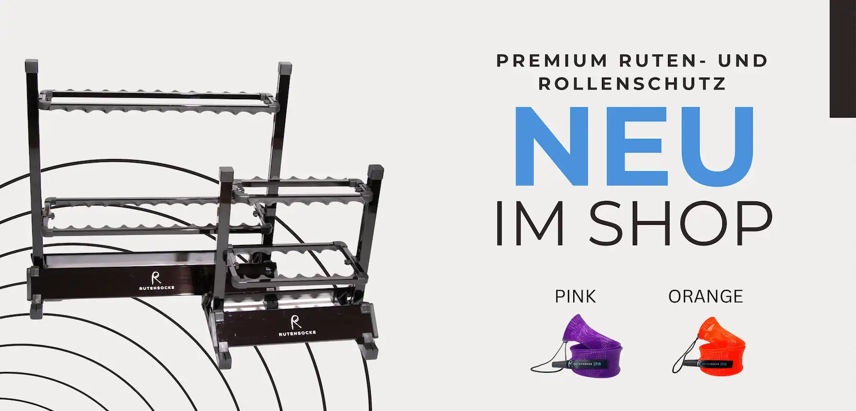 Schwarzer Angelrutenhalter mit mehreren Haken und einem schlanken, modernen Design.