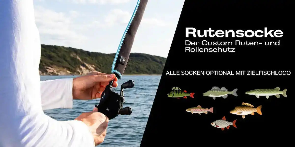 Ein individuell gestalteter Angelruten- und Rollenprotektor mit optionalen Fischlogos.
