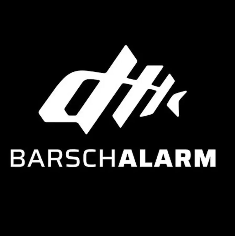Weißes Logo mit stilisiertem Fisch.