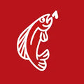 Weiß umrandetes Fisch-Logo auf einem einheitlichen roten Hintergrund.