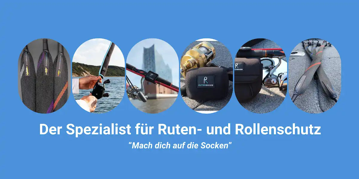 Ein Werbebanner für Angelruten- und Rollen-Schutzprodukte.